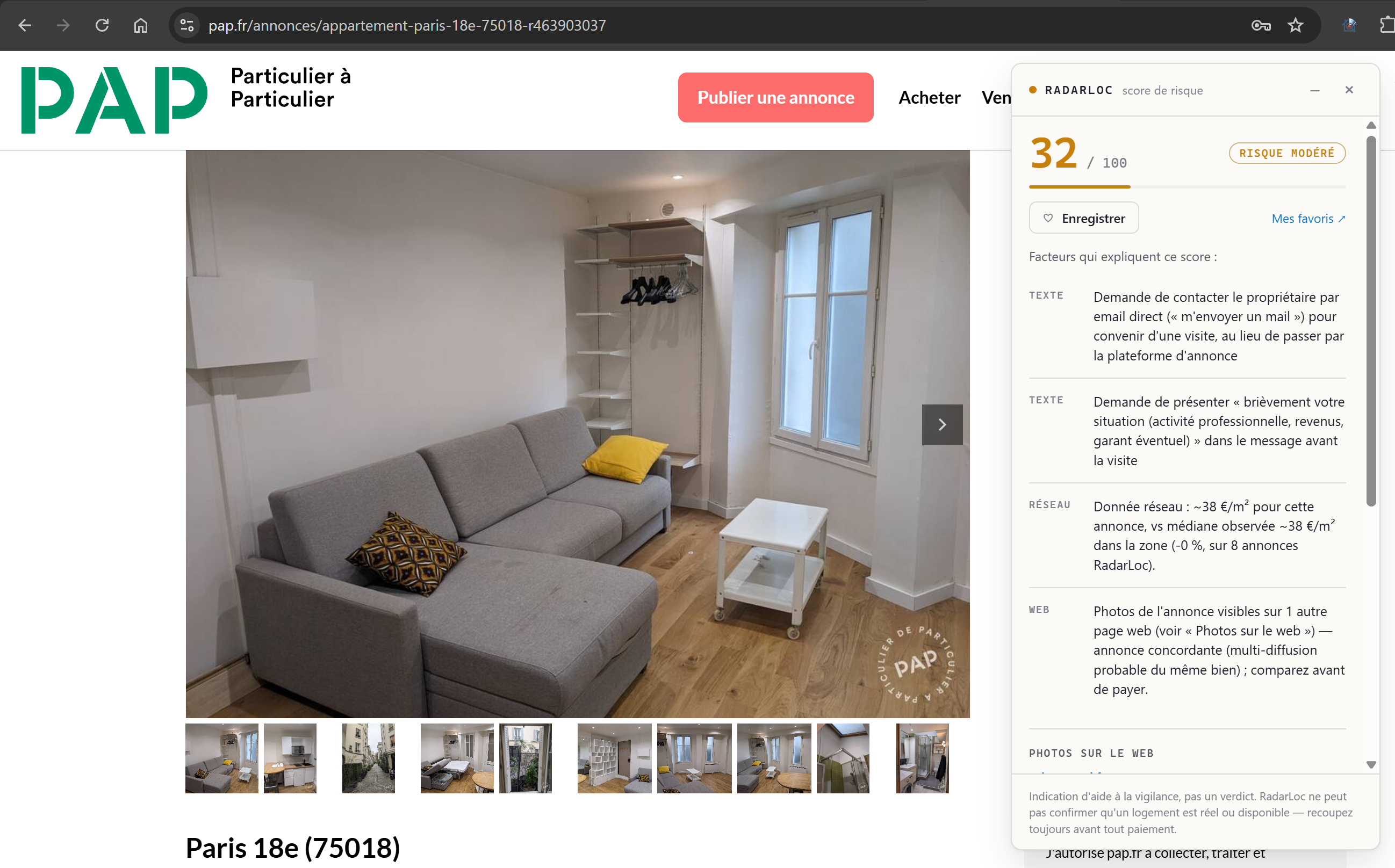 Analyse RadarLoc sur une annonce PAP.