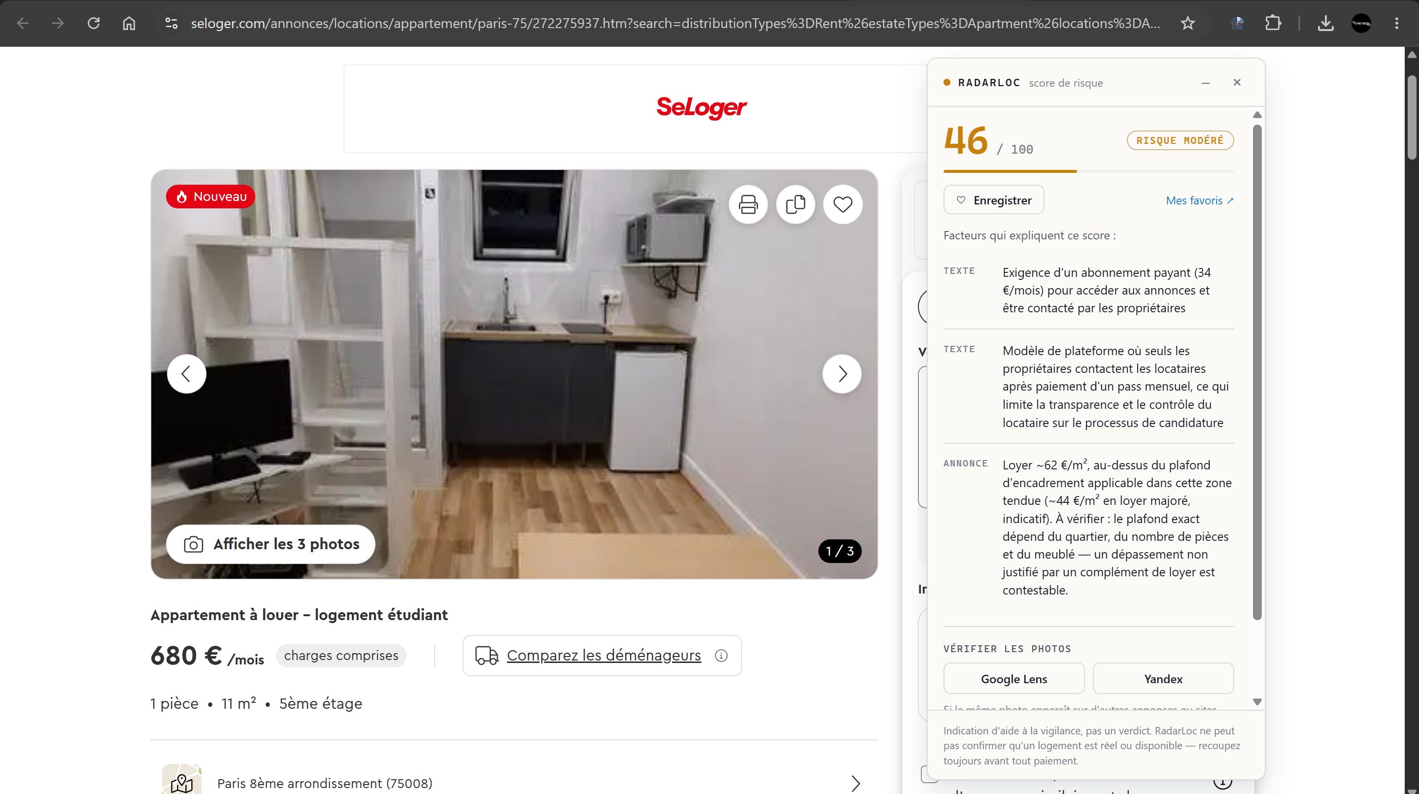 Analyse RadarLoc sur une annonce SeLoger.