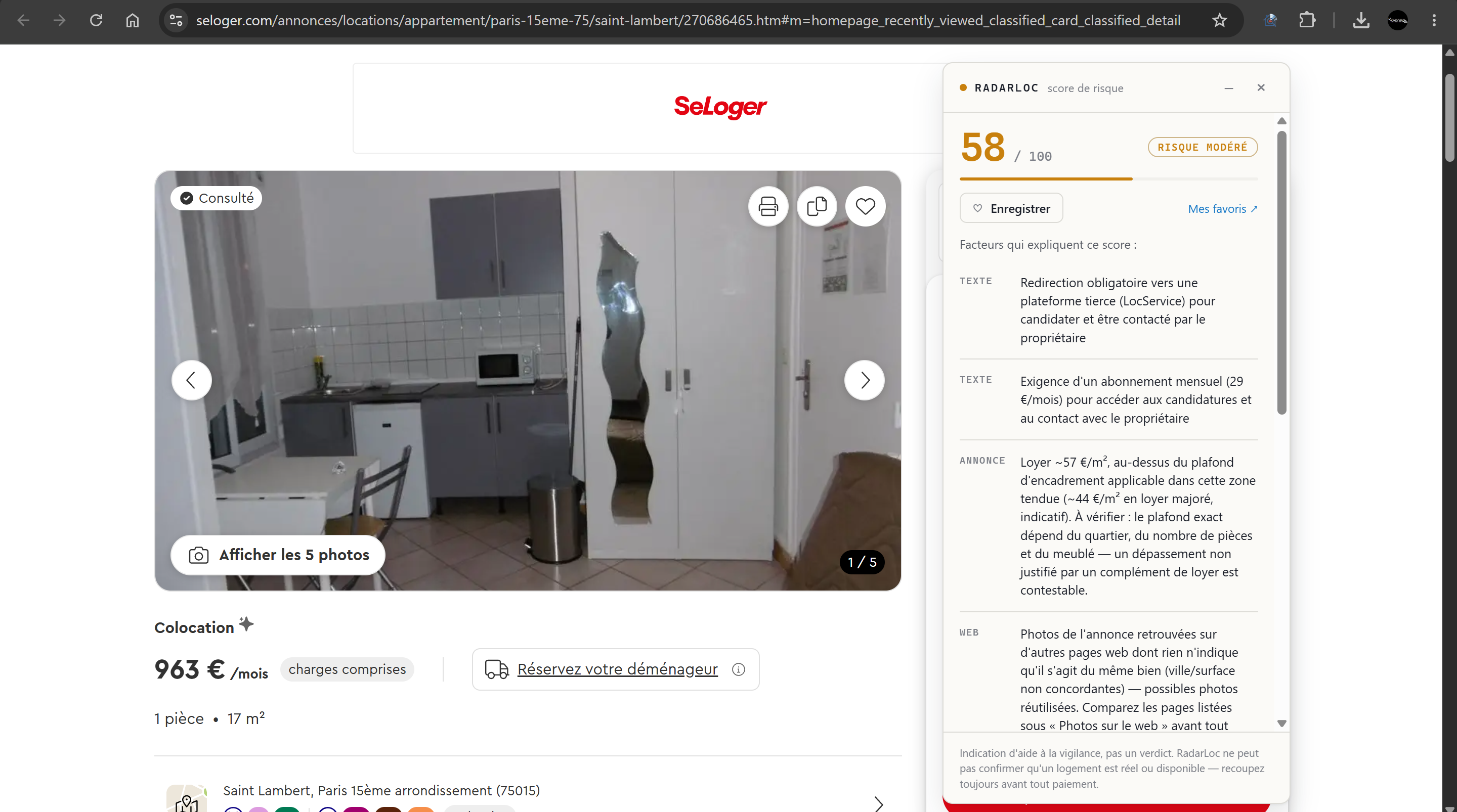 Analyse RadarLoc sur une annonce SeLoger.