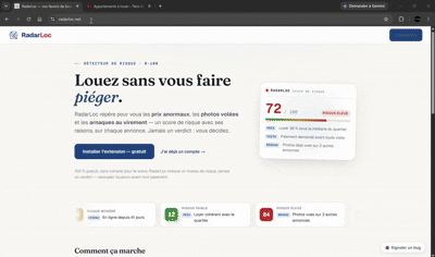 Démonstration de RadarLoc : sur une annonce de location, un score de risque de 0 à 100 et ses raisons s’affichent dans un panneau.